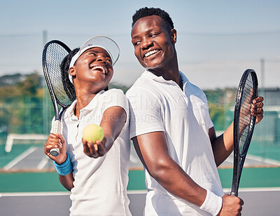 Sports, tennis and black couple with tennis ball on court ready for game, match and training outdoors. Dating, quality time and happy man and woman with racket for fitness, exercise and workout