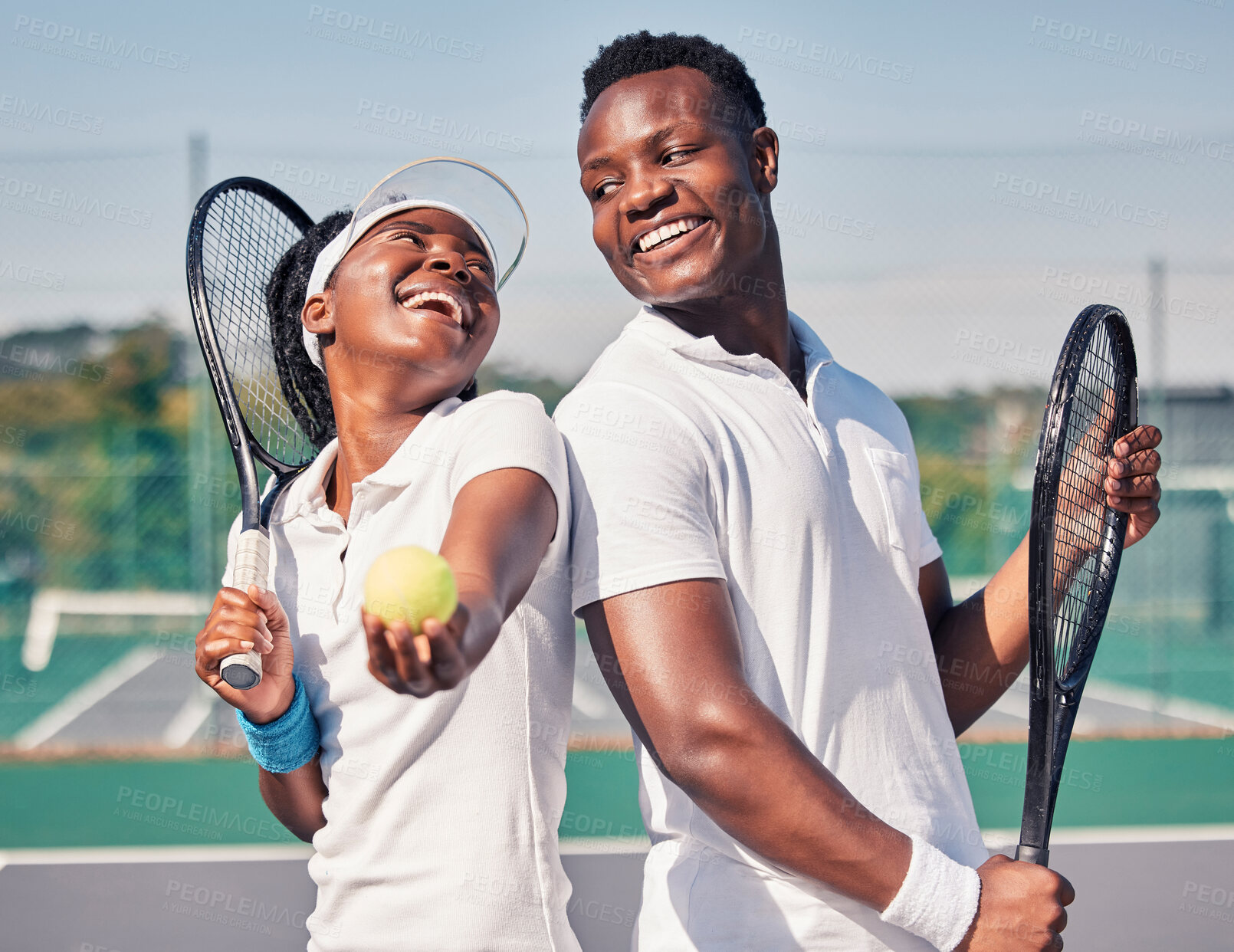 Buy stock photo Sports, tennis and black couple with tennis ball on court ready for game, match and training outdoors. Dating, quality time and happy man and woman with racket for fitness, exercise and workout