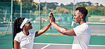 High five, tennis and sports couple or black people with success, competition congratulations or support in game collaboration. Tennis court, athlete and fitness friends with mission or yes hand sign