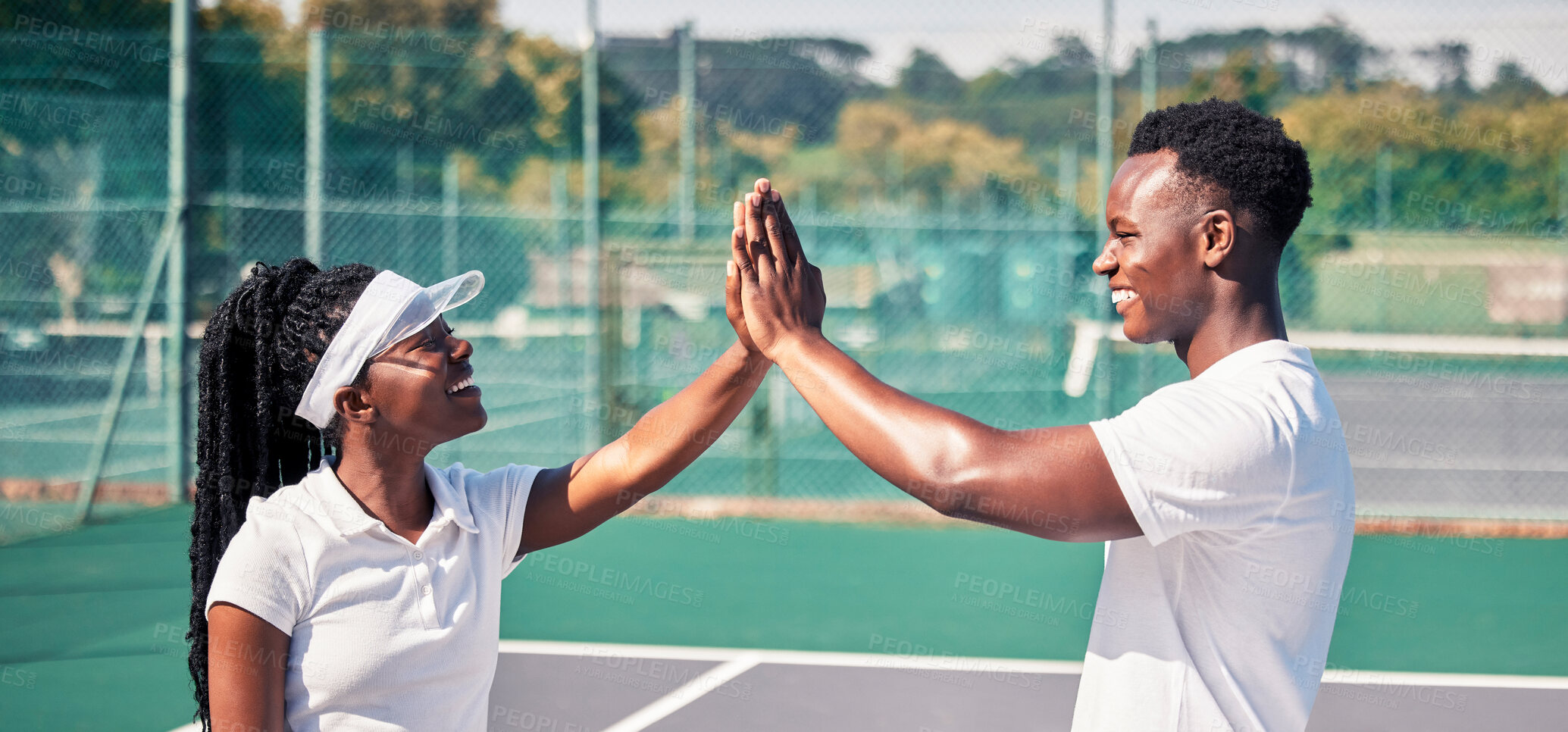 Buy stock photo High five, tennis and sports couple or black people with success, competition congratulations or support in game collaboration. Tennis court, athlete and fitness friends with mission or yes hand sign