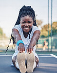 Black woman, fitness and stretching legs for sports exercise, training or workout preparation in the outdoors. Portrait of African American female with smile for warm up leg and arm stretch on floor