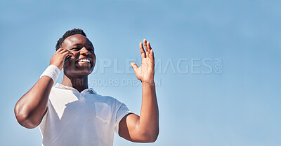 Buy stock photo Nature, phone call communication and black man talking, speaking or chatting. Blue sky, mobile and low angle of male on 5g smartphone in conversation, discussion or networking with contact outdoors.