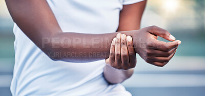 Buy stock photo Hands, wrist pain and injury after sport training, practice and holding arm outdoor. Massage after careless exercise, feeling swelling or workout for healthcare need for joints, first aid and painful