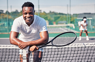 Buy stock photo Tennis, fitness portrait or black man with smile for training, motivation or sport workout in tennis court. Athlete, happy or tennis player for wellness, exercise or health outdoors leaning on net