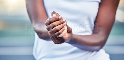 Buy stock photo Black woman stretching wrist, sports injury in outdoor park and hands of athlete with medical emergency. Girl checking pulse of heart rate, broken joint on arm and pain in carpal tunnel accident