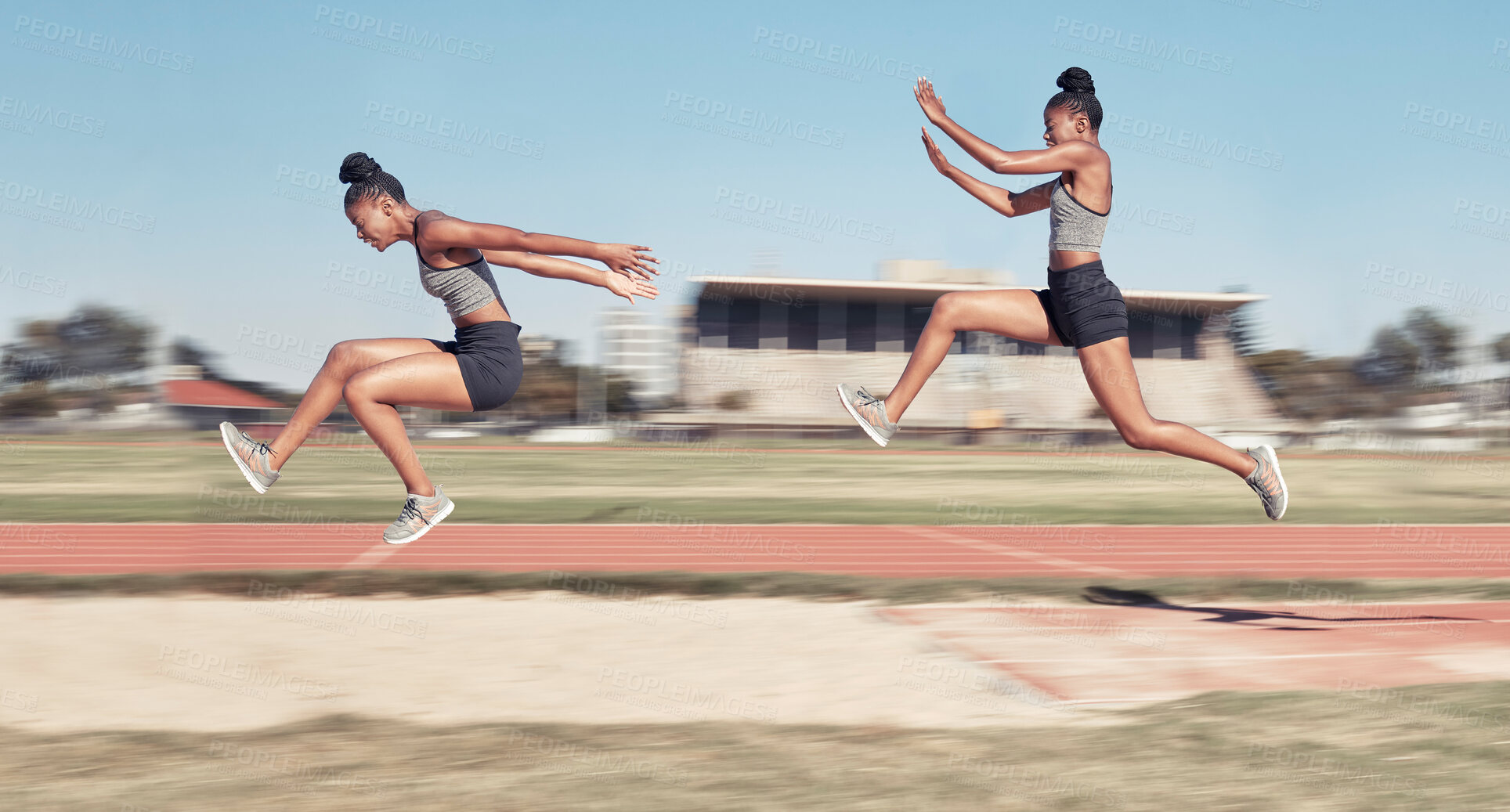 Buy stock photo Time lapse, long jump and woman running, jumping and cross in sand pit for fitness, training and exercise. Sequence, jump and black woman leap, fit and workout, energy and sports practice at stadium