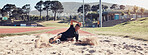 Athlete long jump, sand and sports man training for France olympic competition, workout challenge or fitness exercise. Winner mindset, commitment and athletics person working on leg power performance