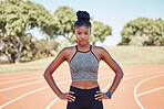 Portrait, black woman and athlete on track, fitness and health for training, sports and happy outdoor. Runner, African American girl and confident female for wellness, exercise and workout for cardio