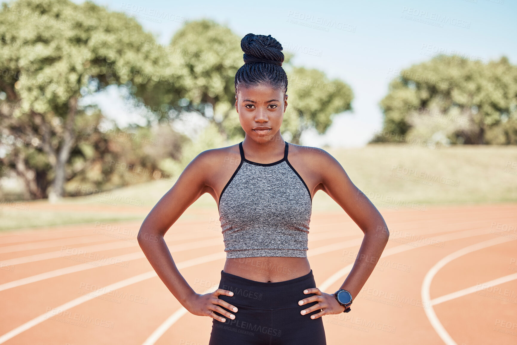 Buy stock photo Portrait, black woman and athlete on track, fitness and health for training, sports and focus outdoor. Runner, African American girl and confident female for wellness, exercise and workout for cardio