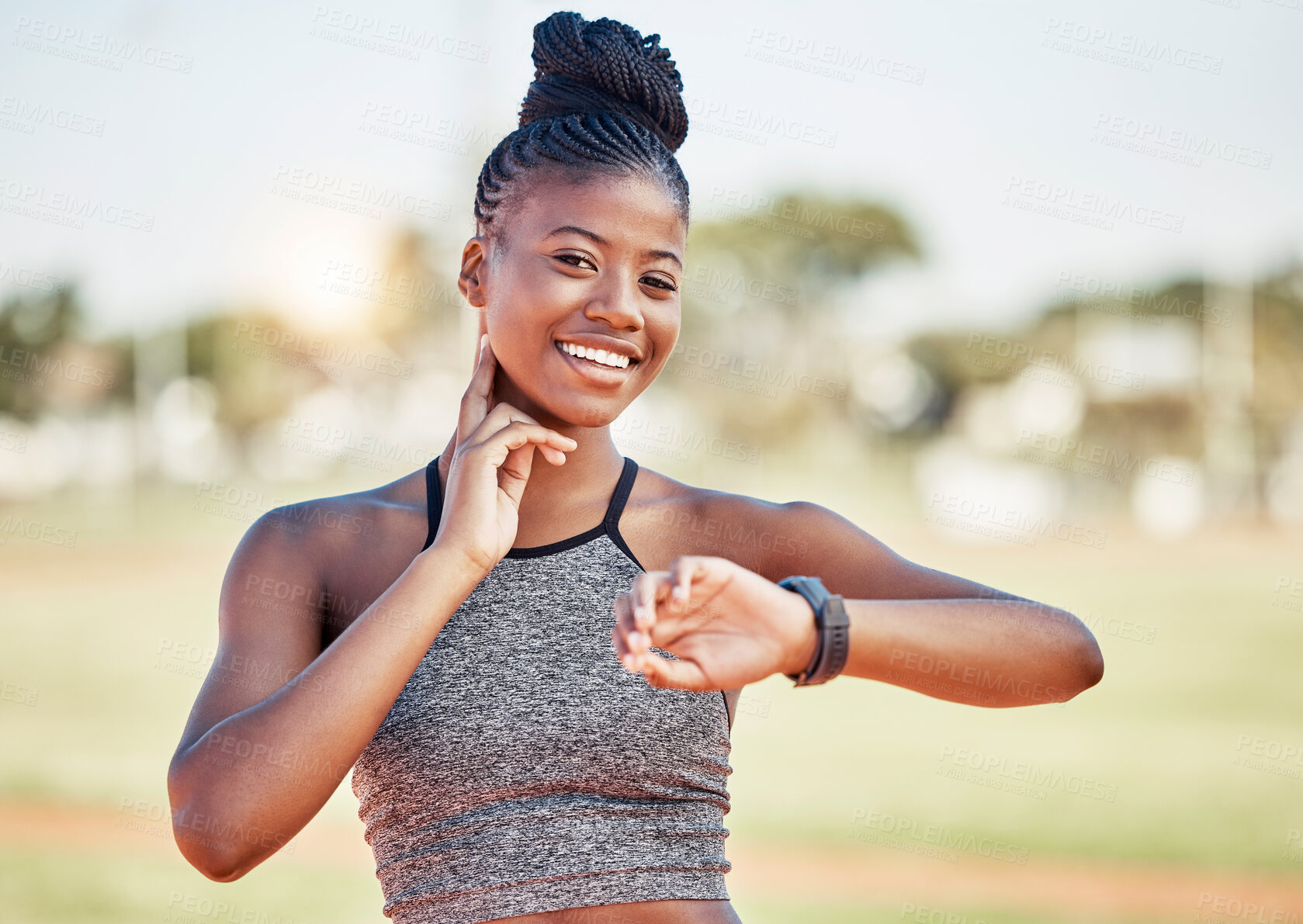 Buy stock photo Fitness, exercise and black woman check pulse after running, athletics and workout in sports stadium. Health, wellness and portrait of female athlete monitor heart rate with hand on neck in training