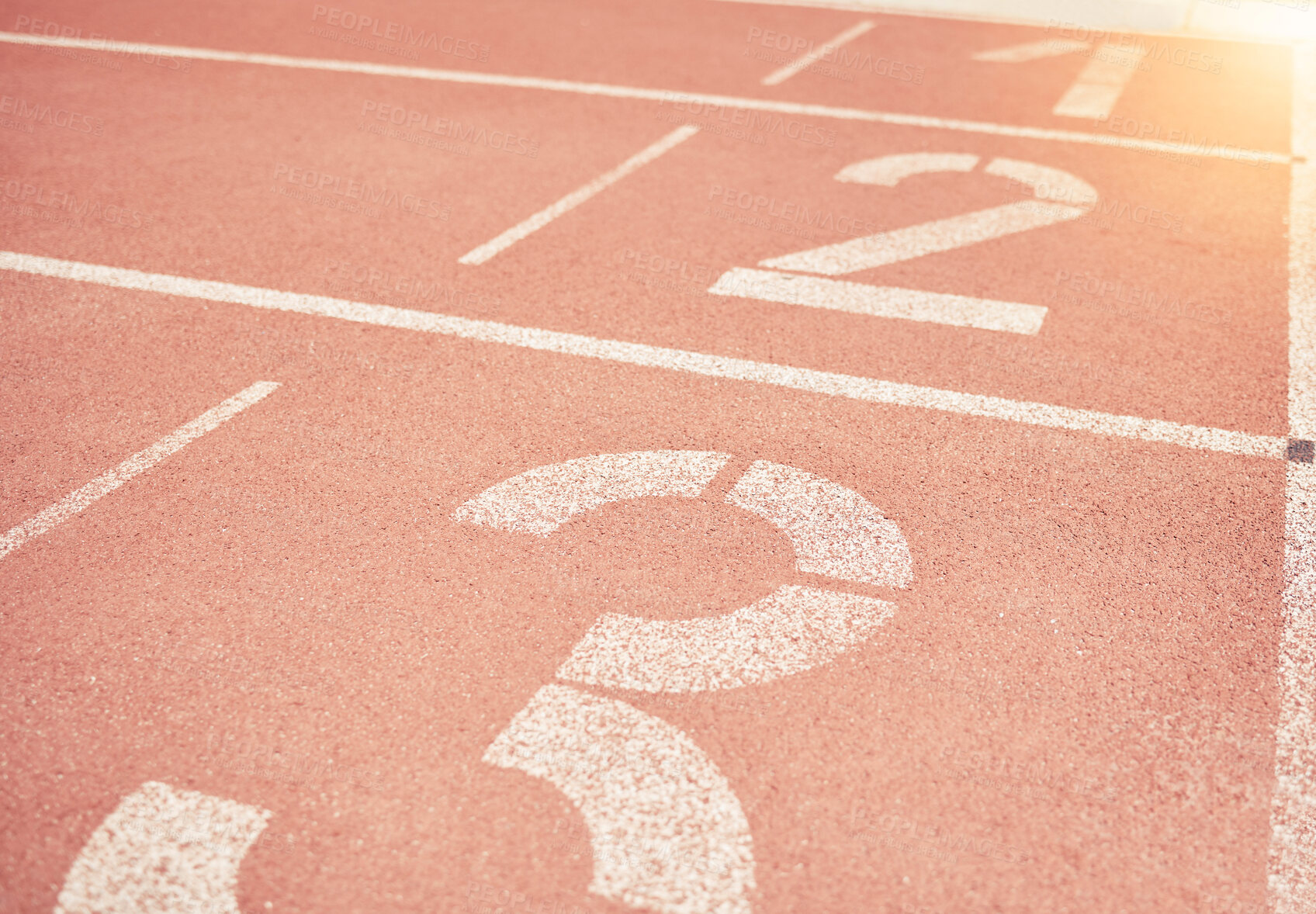 Buy stock photo Sports, athletics and number on race track in stadium for training, sprint and running start position. Texture, ground and running track with nobody for fitness, exercise and workout for sport event