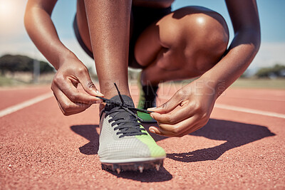 Buy stock photo Fitness, tie shoes lace or black womanman runner for running training, wellness or sport on track for race, marathon or event. Health, hands or male athlete for sports exercise or workout cardio