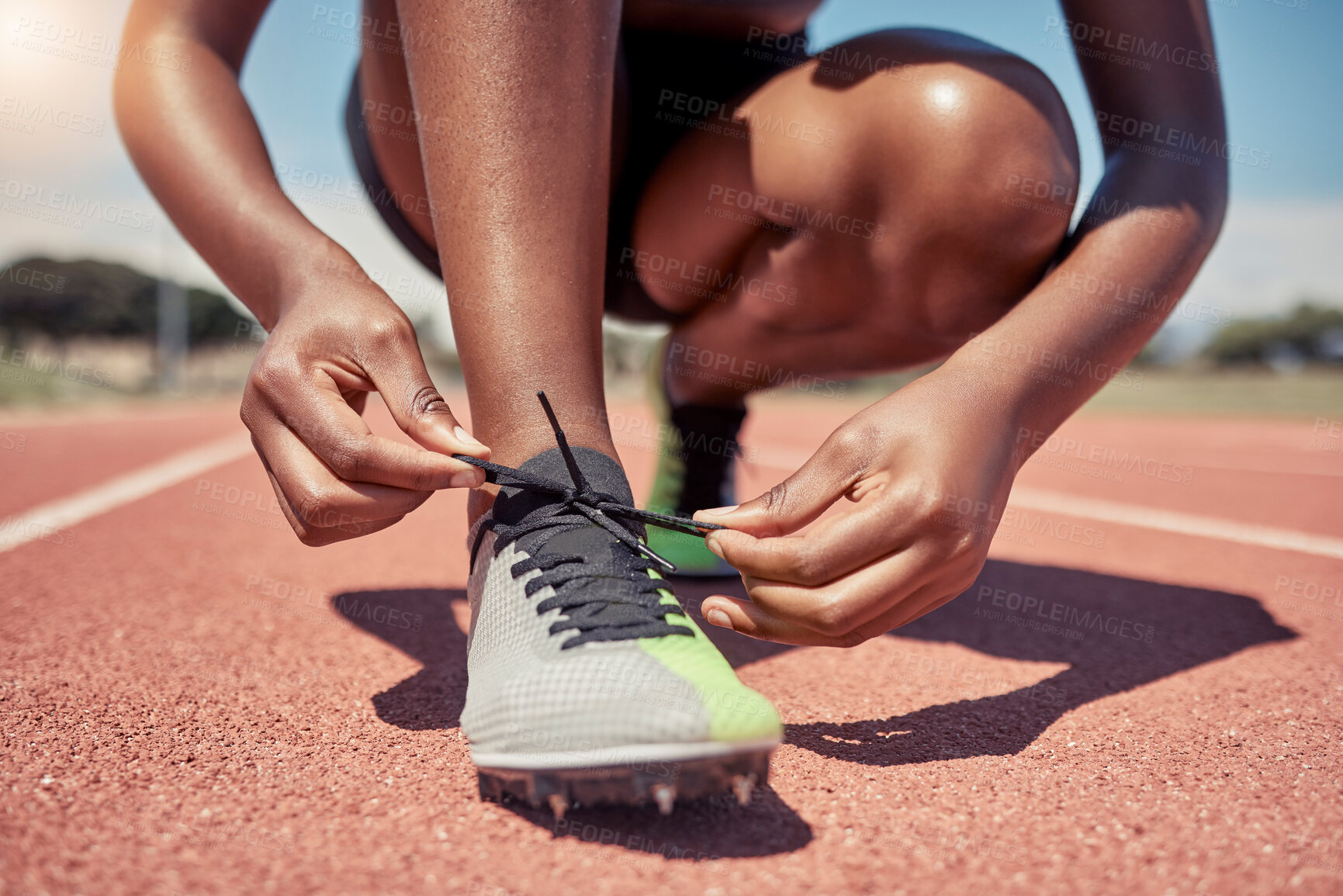 Buy stock photo Fitness, tie shoes lace or black womanman runner for running training, wellness or sport on track for race, marathon or event. Health, hands or male athlete for sports exercise or workout cardio