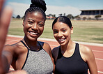 Friends, selfie and running with women on stadium track for training, sprinting and stamina endurance. Cardio, workout and sports with portrait of runner for teamwork, collaboration and sprinting