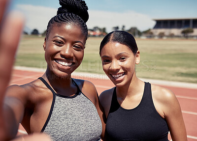 Buy stock photo Friends, selfie and running with women on stadium track for training, sprinting and stamina endurance. Cardio, workout and sports with portrait of runner for teamwork, collaboration and sprinting