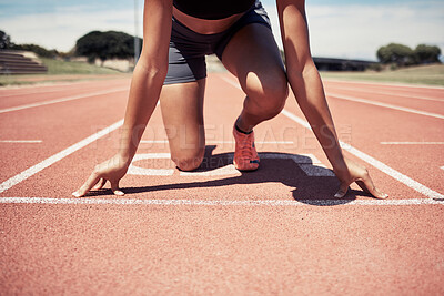 Buy stock photo Black woman, athlete and hands on track to start race, running and outdoor for fitness, wellness or health. Exercise, African American female or girl ready for marathon, workout or training in summer