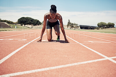 Buy stock photo Fitness, running and woman at start line training for marathon race event at stadium. Exercise, sports and motivation for winning, black woman runner from Jamaica ready to run with focus and energy.