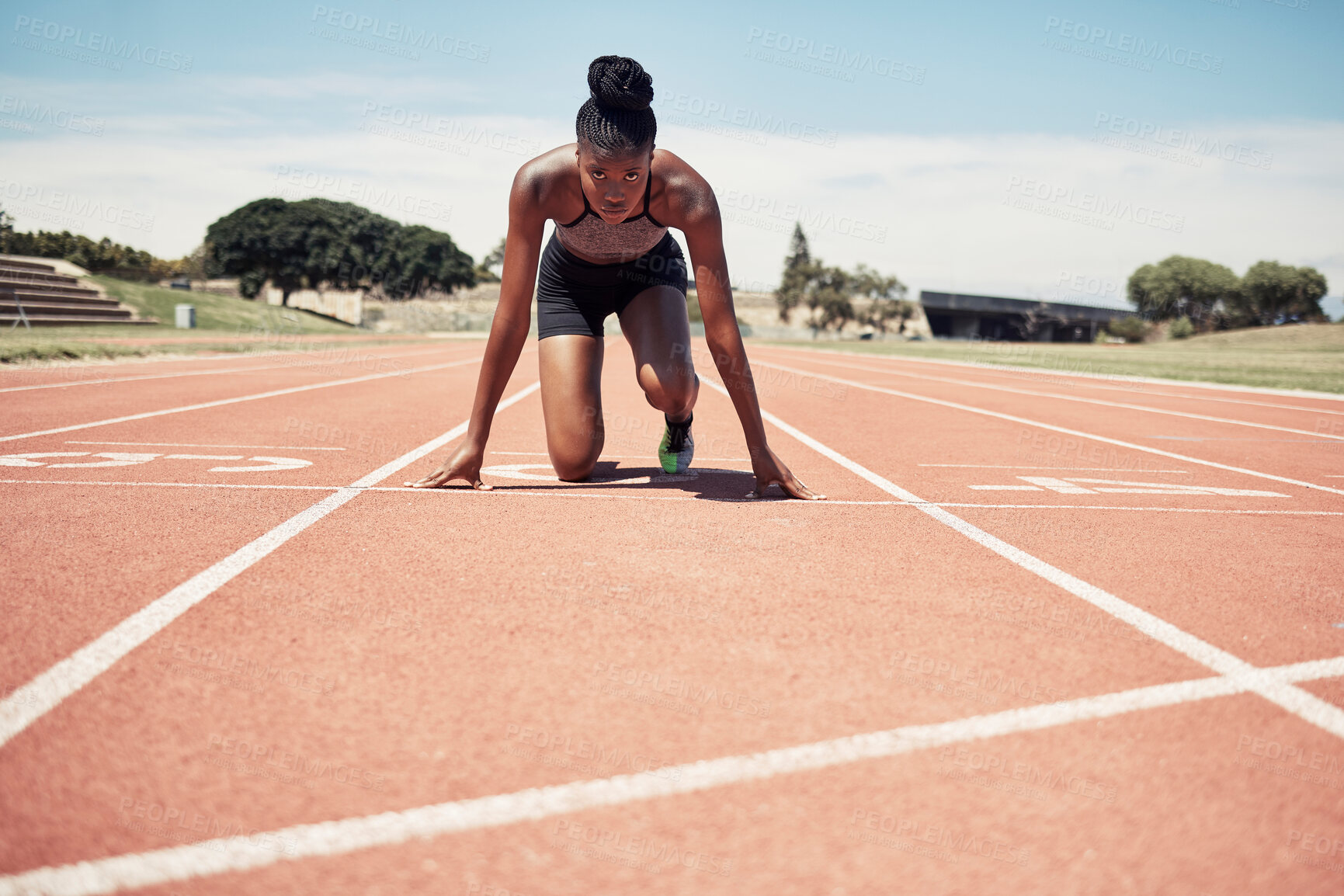 Buy stock photo Fitness, running and woman at start line training for marathon race event at stadium. Exercise, sports and motivation for winning, black woman runner from Jamaica ready to run with focus and energy.