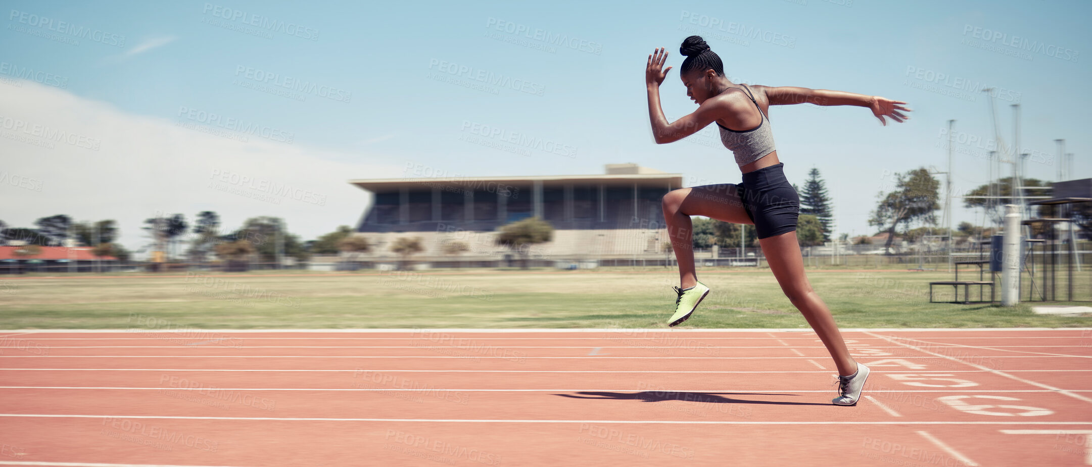 Buy stock photo Run, black woman and running on track for marathon, fitness and workout for wellness, health and practice. Female athlete, healthy girl and runner for game, sprint or exercise for training or balance