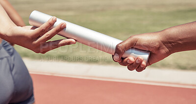 Buy stock photo Hands, team and sports relay baton for running, sprint or fitness marathon for olympic athletics on stadium track. Hand of runner holding bar in teamwork sport for run, race or competition of speed