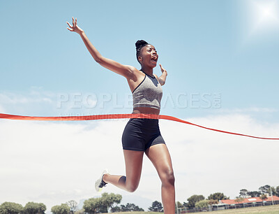 Buy stock photo Fitness, runner winner or black woman at finish line for victory, celebration or sport exercise at stadium. Health, winning or running girl for sport, training or workout success for race or marathon