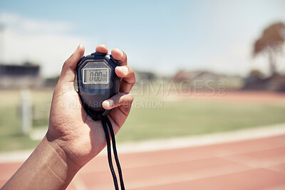 Buy stock photo Sport, coach and closeup of hand with stopwatch for time, training and speed of athlete, runner or race. Mentor, trainer and digital clock, watch or timer for fast running on track, field or stadium