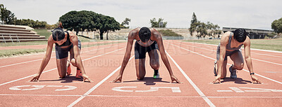 Buy stock photo Race track, start and sports people at stadium for marathon competition, event and running with focus, energy and goal. Athlete or runner on field ground ready for speed contest or fitness challenge