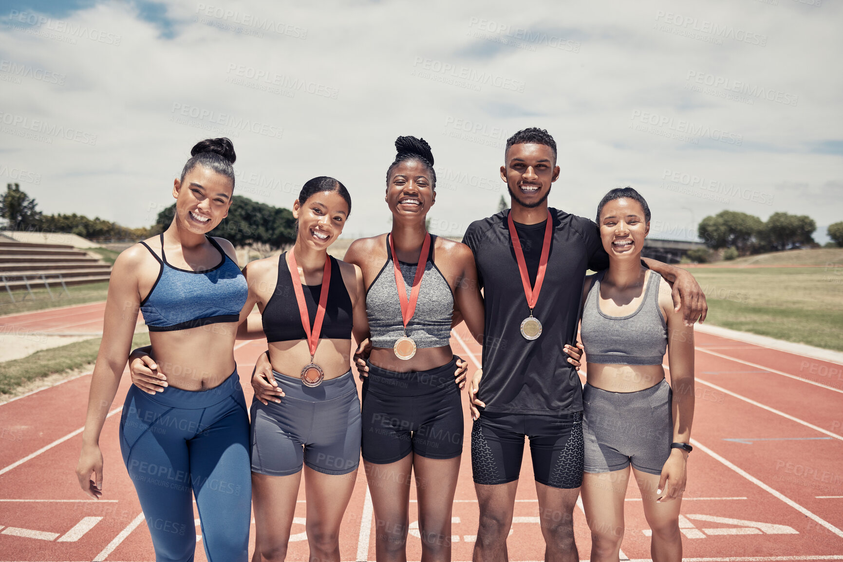 Buy stock photo Portrait, diversity and team for sports winner, for competition and group smile together outdoor. Teamwork, fitness training and medals for games, success and victory for embrace, happy and on track.