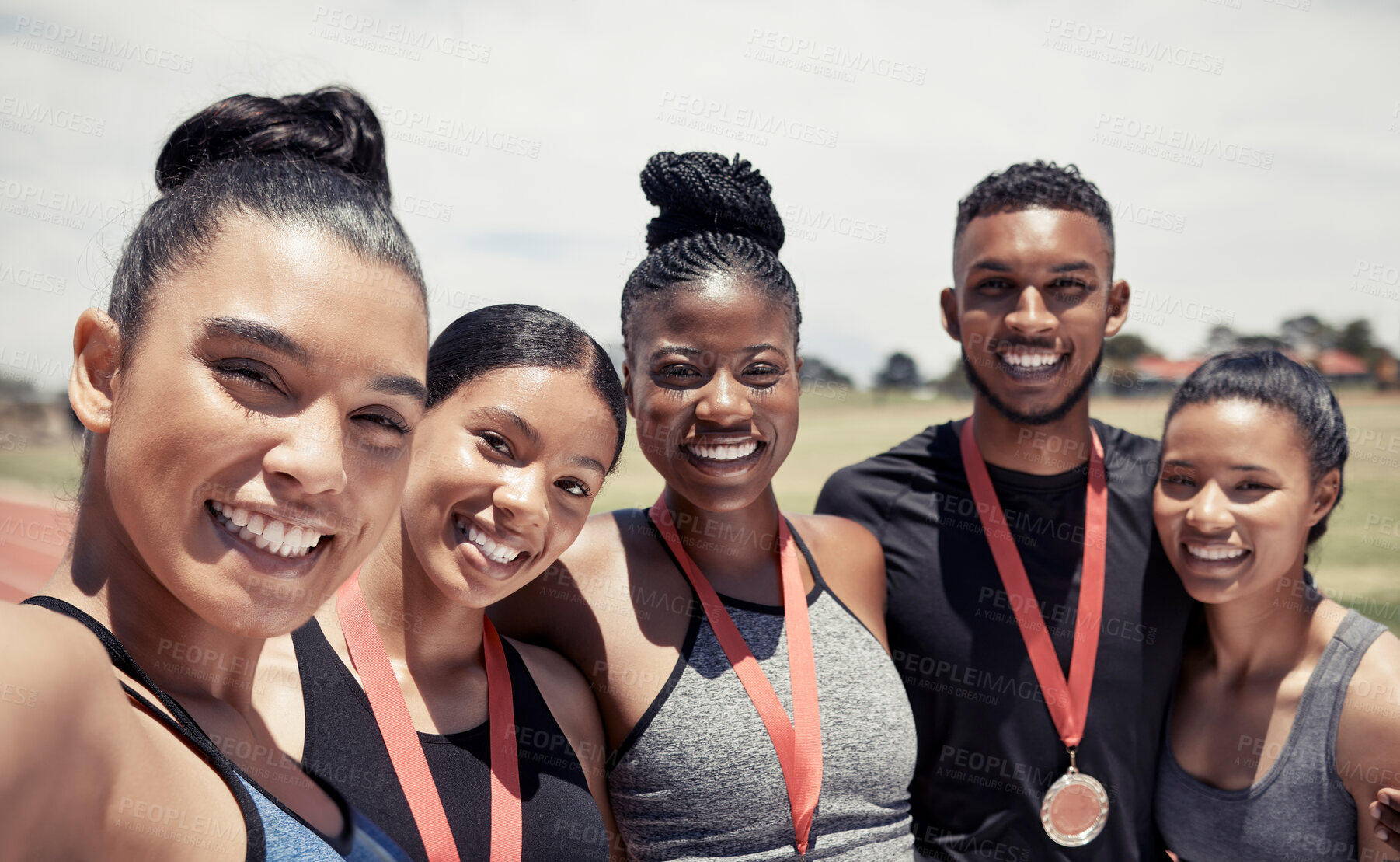 Buy stock photo Women, man and running track team with medals in fitness, workout or training marathon, sprint event or competition race. Portrait, happy smile or winner runners with sports award or exercise prize