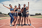 Group portrait, sports medals and people at stadium after winning running race or event outdoors. Winner, award and diversity of athletes happy with goals, target or victory achievement on field.

