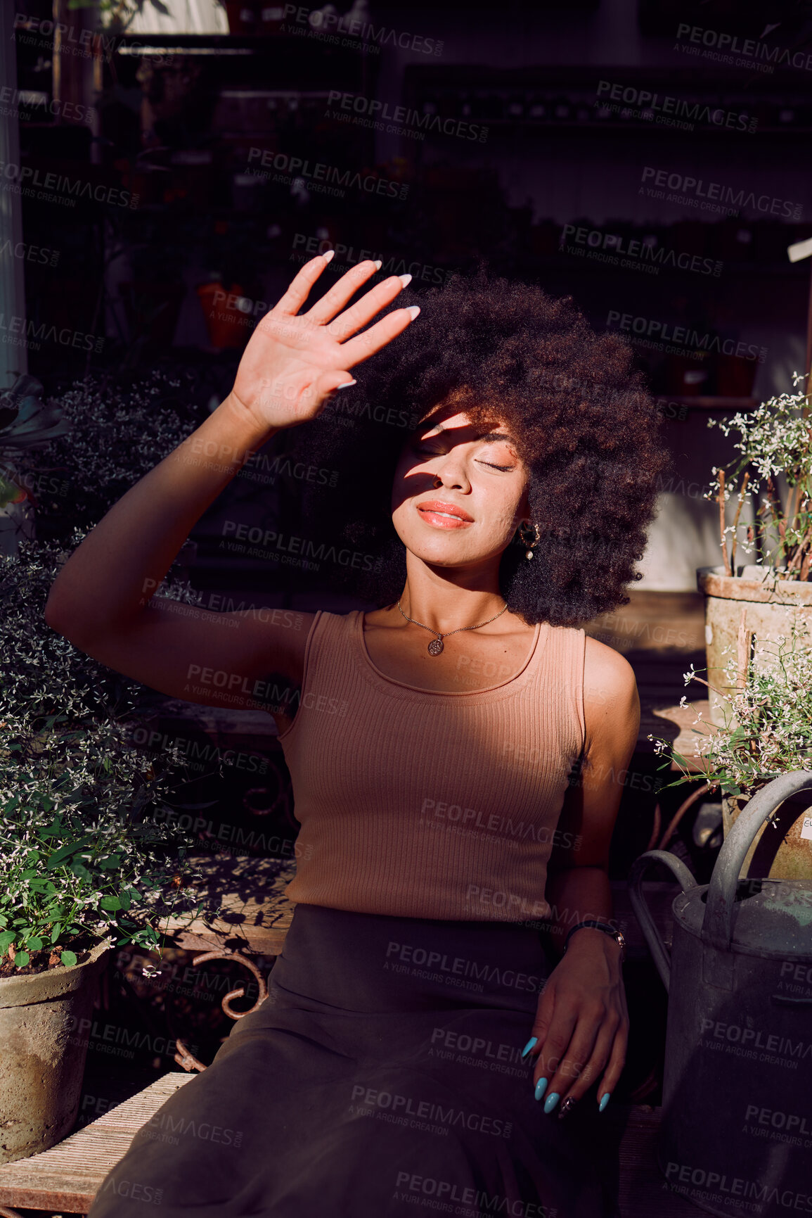 Buy stock photo Sun, shadow and woman with cover in a garden, happy summer and hand for safety in nature. Spring, wellness and girl with security from the sunshine while gardening plants in a sustainable greenhouse