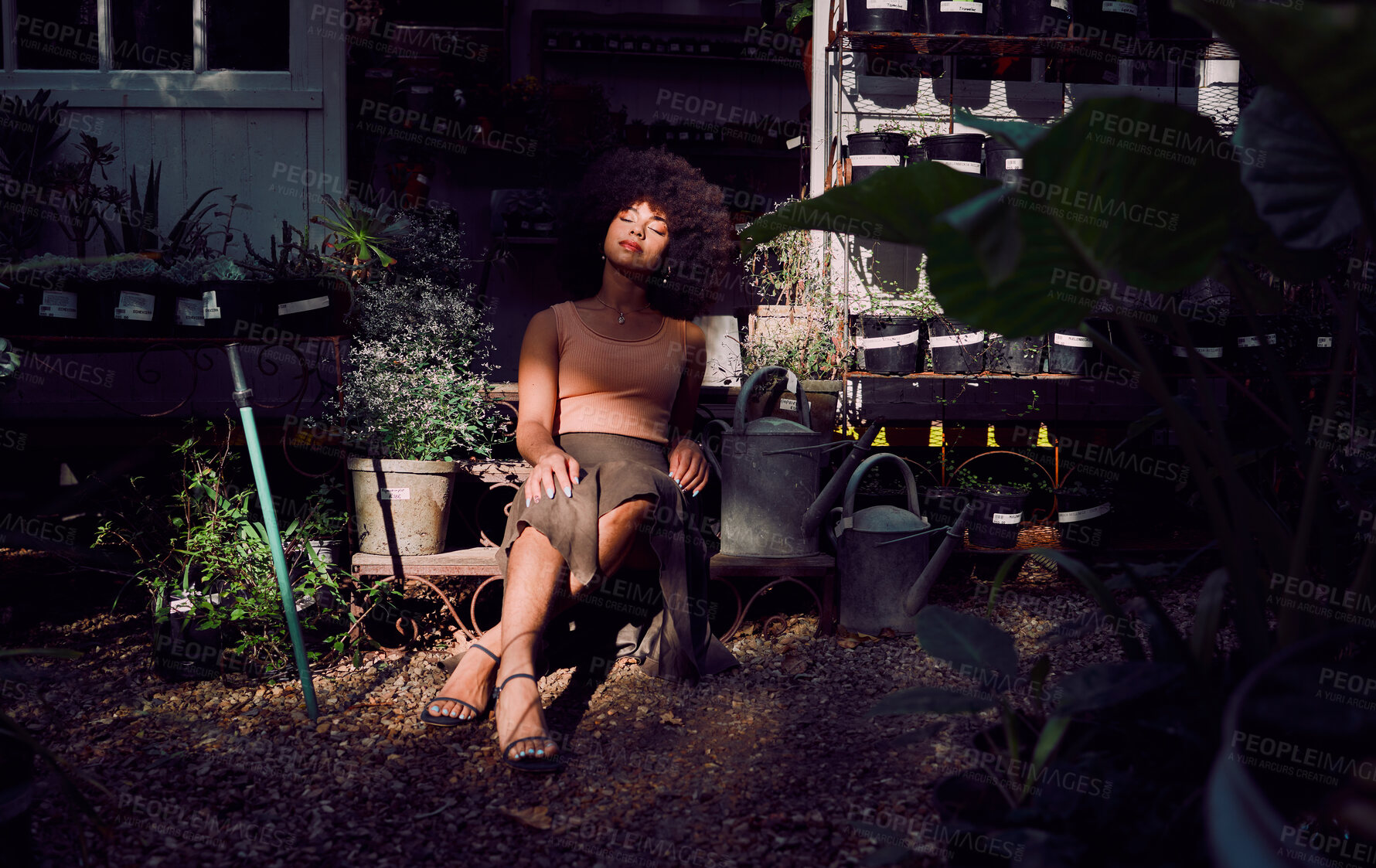 Buy stock photo Zen, nature and black woman in a garden to relax with freedom, calm and peace in a backyard for fresh air. Green plants, environment and African girl resting or relaxing after gardening in shadows