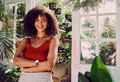 Buy stock photo Black woman, arms crossed or plant shop worker and agriculture knowledge, carbon footprint innovation or growth ideas. Portrait, smile or happy florist, garden center employee or small business owner