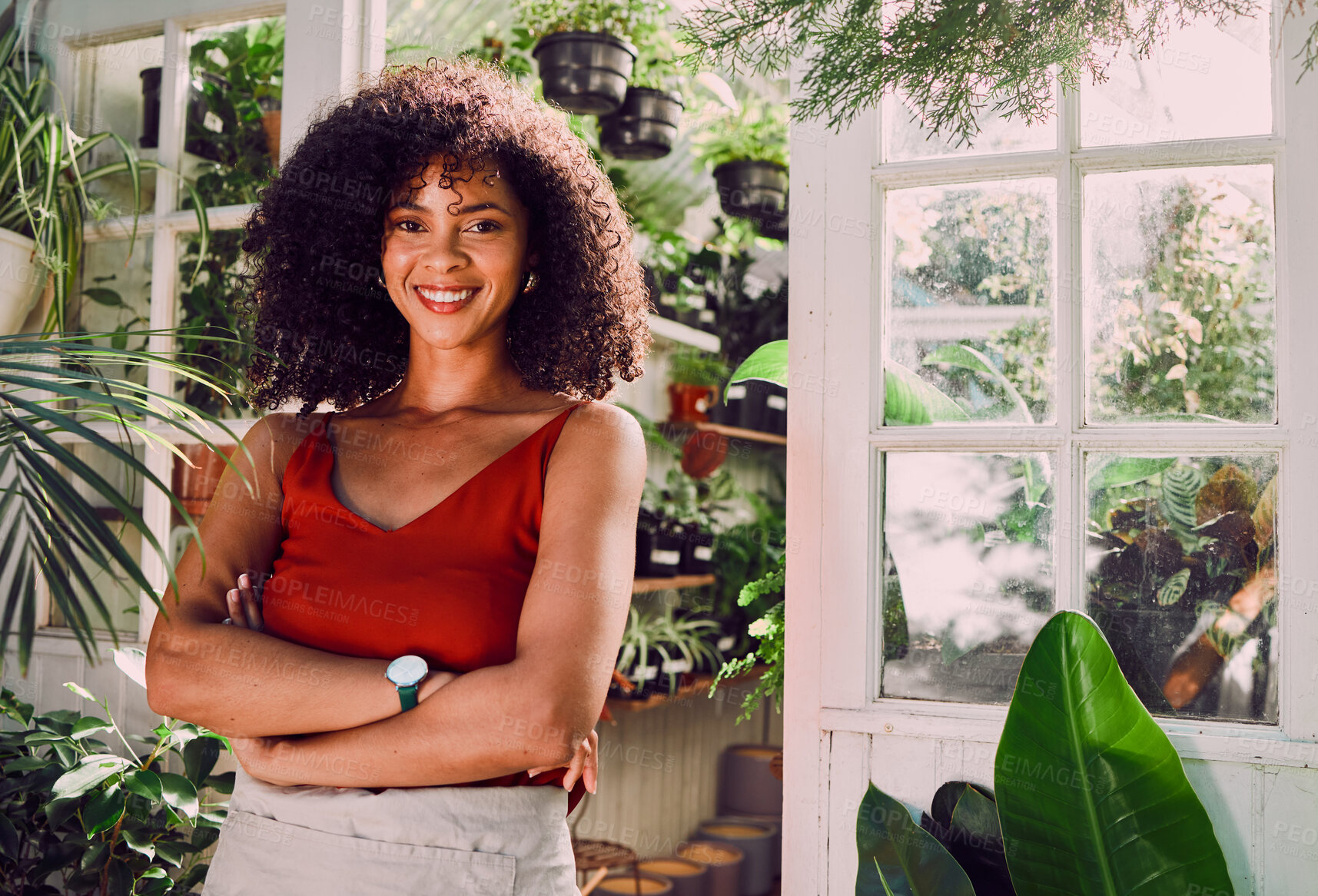 Buy stock photo Black woman, arms crossed or plant shop worker and agriculture knowledge, carbon footprint innovation or growth ideas. Portrait, smile or happy florist, garden center employee or small business owner