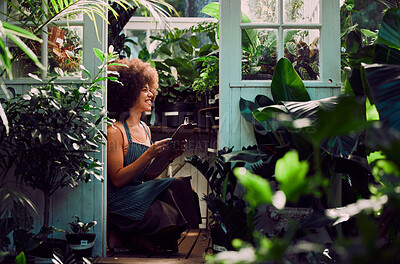 Buy stock photo Plants, greenhouse and black woman with quality control, checklist and inventory management for small business shop, seller or supplier success. Agriculture manager with plant store or garden startup