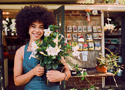 Flowers, small business and black woman in portrait for store, seller and supplier success, growth and natural plants. Floral, sustainable and green shop business owner with entrepreneur spring sale