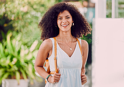 Buy stock photo Portrait, black woman and with smile in city, happy and confident outdoor for break. African American female, cool girl and tourist ready for fun, casual day or edgy for travel, happiness or excited.