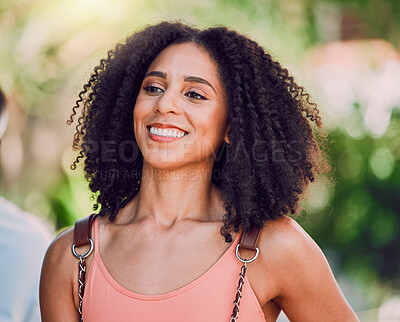 Buy stock photo Black woman, afro and sightseeing in city travel location, summer holiday destination or Rio de Janeiro vacation . Smile, happy or fashion student, tourist or traveler with cool, style or funky hair