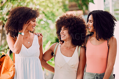 Buy stock photo Girl friends, black women and happy hug of people together with friend and bonding outdoor. Funny, vacation and smile of a black woman with happiness laughing in the summer sunshine feeling peace