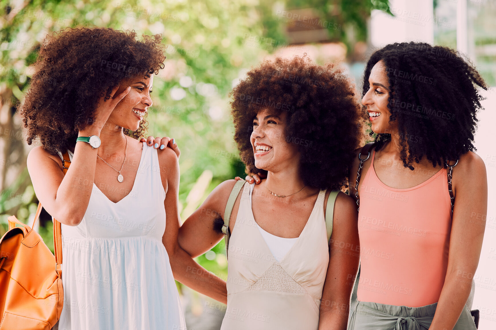 Buy stock photo Girl friends, black women and happy hug of people together with friend and bonding outdoor. Funny, vacation and smile of a black woman with happiness laughing in the summer sunshine feeling peace