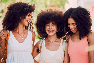 Buy stock photo Woman, friends and laughing for social friendship, joke or fun bonding time together in the outdoors. Happy African American group of women enjoying holiday trip, summer break or funny moments