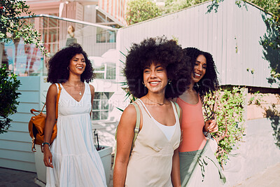 Buy stock photo Travel, friends and black woman in summer walking by the countryside or neighborhood with outdoor fashion, wellness and youth lifestyle. Happy gen z, women or group of people with adventure and smile