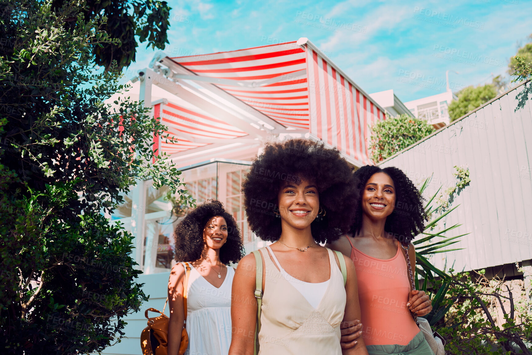 Buy stock photo Black women, friends and summer relax, vacation and break together in san francisco. Happy, young and female group at holiday house of fun, happiness and freedom in traveling, trip and tourism resort