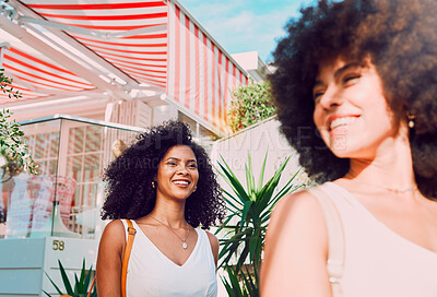Buy stock photo Black women, friends and happiness outdoor on vacation, travel and fun at holiday house in city for bonding on weekend. Smile, afro and young African females walking together and enjoying freedom