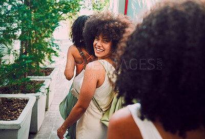 Buy stock photo Friends walking, travel and city with black woman, adventure and happiness on summer vacation. Happy women, african girl and walk in metro, urban town or street for bonding, relax and exploring Paris