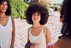 Black women, afro or bonding on beach in summer holiday, tropical Bali break or social gathering vacation. Smile, happy or relax friends, students or people with fashion hair style in travel location