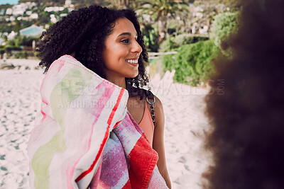 Buy stock photo Beach, friends and black woman with towel in summer enjoying holiday, vacation and weekend by seaside. Travel, nature and happy girl ready for sun tan, swimming and relax on adventure by the ocean