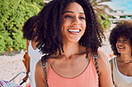 Black woman, friends and walking outdoor to travel with a backpack, happiness and fun in city on their vacation in summer. Afro women together for adventure, hangout and holiday at a tourist location