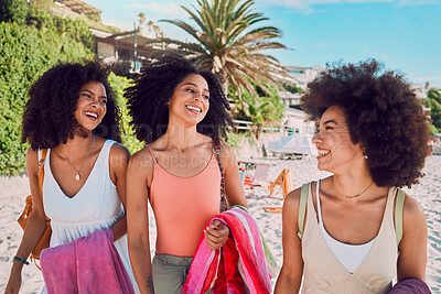Buy stock photo Black woman, sun and friends on beach in summer for outdoor break, holiday and happiness. Travel, smile and vacation women enjoying Los Angeles sunshine together on wellness walk in sand.
