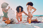 Beach, black women and friends on sand, swimwear and summer holiday, vacation and fun time together in Miami. Happy female best friends relax on ocean shore, sea travel and sunshine in nature outdoor